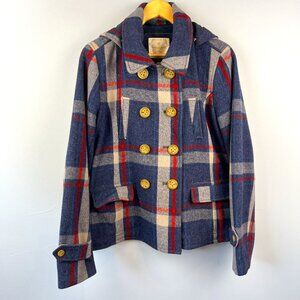 American Eagle Red White Blue Plaid Wool Blend Pea Coat Detachable Hood Size XLT